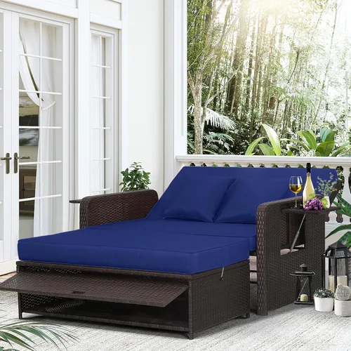 Vista 14 de LDAILY Moccha - Sofá cama para exteriores, sofá biplaza de mimbre con respaldo ajustable de 4 posiciones, otomana de almacenamiento, cojines, Beige