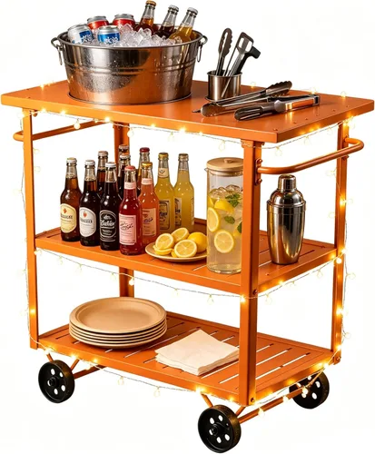 LOKKHAN Orange 3-Tier Metal Rolling Beverage Bar Cart | Waterproof Rustproof Serving Cart with Handle | 39.37 x 15.74 x 41 in | Indoor Use Outdoor