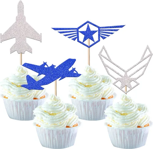 Vista 14 de Paquete de 24 adornos para cupcakes con temática militar, para botas, campamentos, decoración de cupcakes con temática azul marino, ceremonia