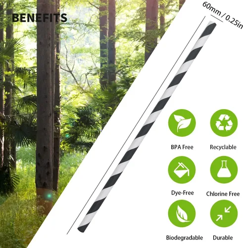 Vista 5 de Pajitas de papel a rayas blancas y negras, 100% biodegradables y compostables pajitas de beber a rayas negras para suministros de fiesta