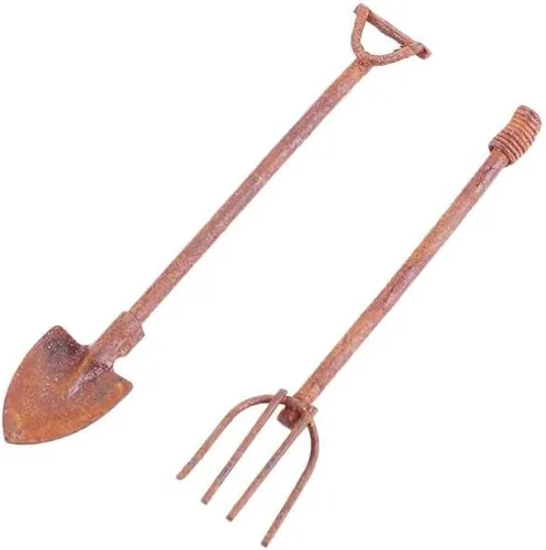 Vista 5 de Juego de 4 herramientas de jardín en miniatura para casa de muñecas 1:12, mini azada oxidada y horca de hadas, accesorios de jardín, adornos