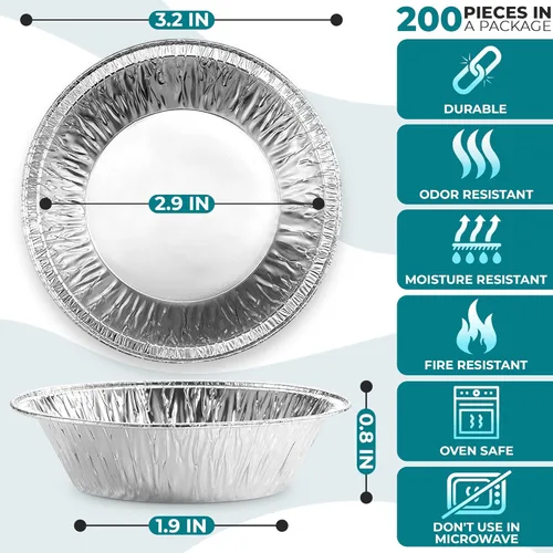 Vista 2 de Mini moldes para tartas de 2.9 pulgadas, paquete de 200 moldes desechables de papel de aluminio para tartas, duraderos y apilables, aptos