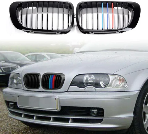 Vista 2 de AstraDepot - Juego de 2 rejillas de riñón color negro brillante M compatible con BMW E46 1999-2002 de 2 puertas Coupe Cabriolet Pre-facelift