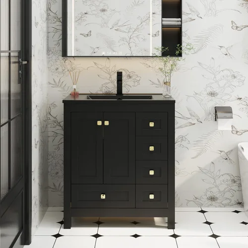 eclife Tocadores de baño de 30 pulgadas con fregadero, moderno gabinete de almacenamiento de baño de madera gruesa con fregadero individual negro