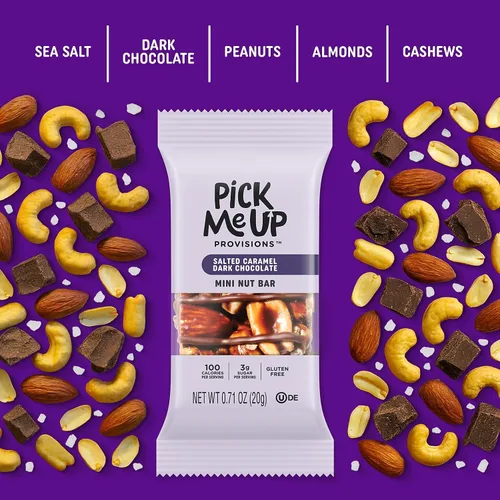 Vista 3 de Pick Me Up Provisions Mini barra de nueces de chocolate amargo con caramelo salado sin gluten, 20 barras, perfecta para almuerzos, aperitivos