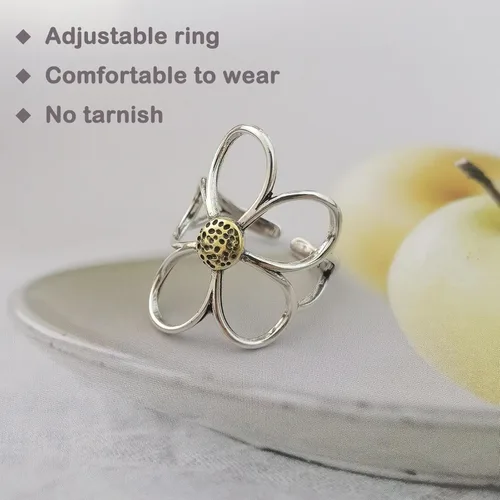 Vista 7 de Anillo de flores, anillo de margarita vintage para mujer, anillo ajustable de flor de nacimiento de abril, regalo de joyería