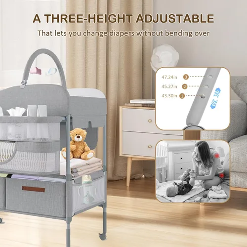 Vista 3 de Cambiador de bebé, versátil mesa cambiadora plegable, impermeable, plegable, altura ajustable, móvil, con ruedas silenciosas, 2 cajones, estación