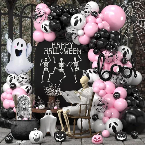 Vista 14 de Kit de arco de globos de Halloween, kit de guirnalda de globos de color negro, verde, rosa intenso, con globo de araña de discoteca 4D, globos blanco