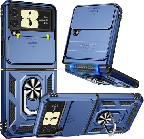 Goton Funda para Samsung Z Flip 4, Galaxy Z Flip 4 con cubierta de cámara, [protección de bisagra] y anillo de soporte de 360° grado militar a Azul