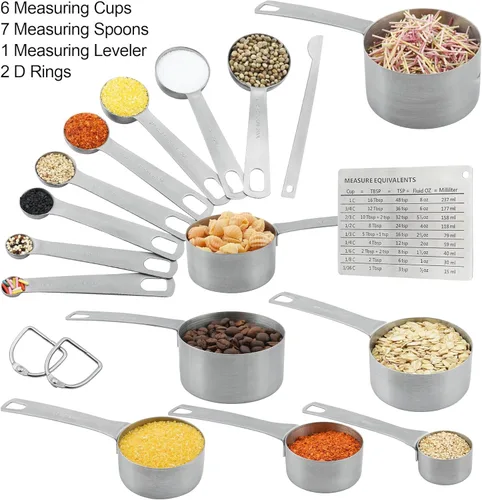 Vista 2 de Juego de tazas y cucharas medidoras, de acero inoxidable, juego completo de 19 cucharas medidoras profesionales, ingredientes líquidos o secos