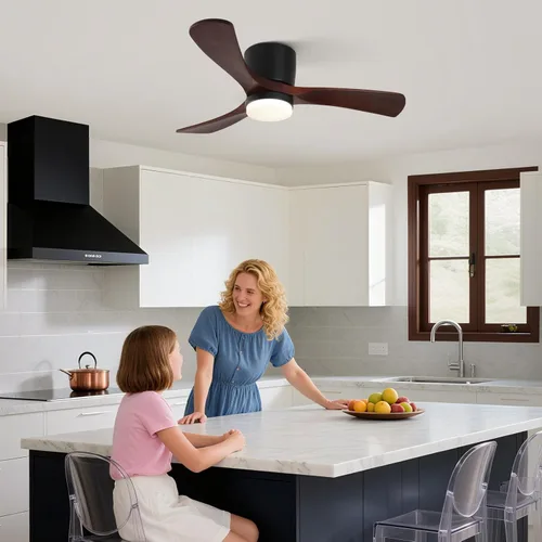 Vista 8 de GESUM 42" Ceiling Fan with Lights Remote Control, Low Profile Ceiling Fan with 3 Walnut Wood Blades, Reversible,Dimmable, Flush Mount Ceiling Fans