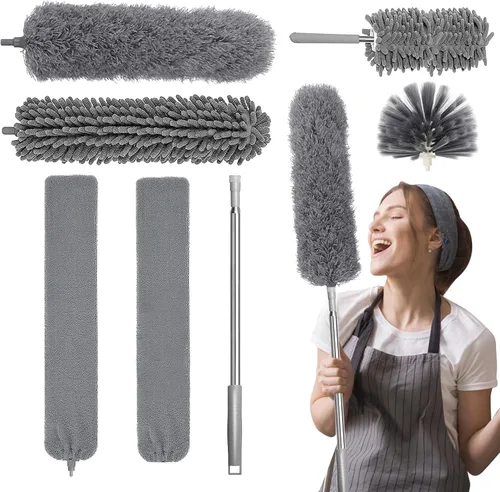 Plumero de microfibra, 7 plumeros extensibles y flexibles con poste de extensión de 16 a 83 pulgadas, plumeros lavables para limpiar ventilador de