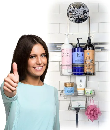 Vista 2 de Gecko-Loc SHS-015EXT Extra Long Adjustable Hanging Shower Caddy, Over-the-Showerhead Organizer for Shampoo, Soap, Razors, Rustproof Stainless Steel