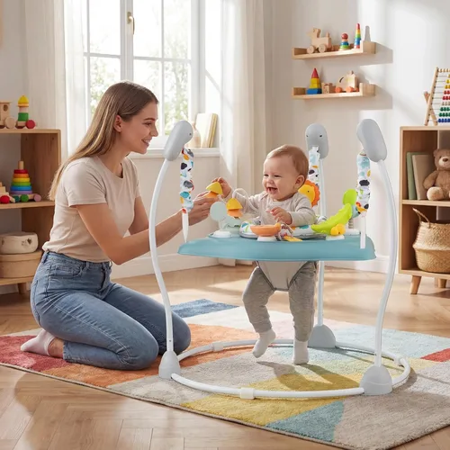 Vista 7 de BABY JOY Centro de actividades para bebés, puentes y gorilas con música, asiento giratorio de 360°, 3 alturas ajustables, centro de actividades Azul