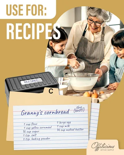 Vista 4 de OFFILICIOUS Caja de tarjetas de índice de 3 x 5 – Caja de recetas con divisores manila y calcomanías – Soporte de tarjeta de índice premium ideal