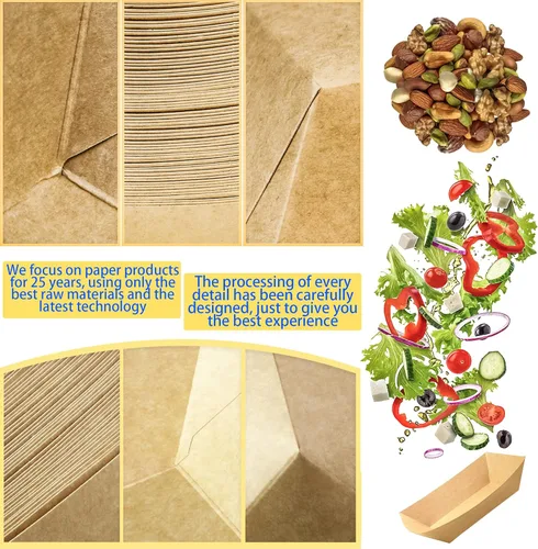 Vista 4 de MotBach Paquete de 200 bandejas pequeñas de papel para alimentos, botes desechables de papel kraft de 0.25 libras, color marrón, bandejas