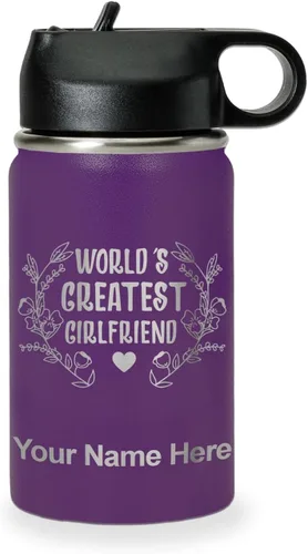 Vista 39 de LaserGram Personalized Water Bottle, World's Greatest Girlfriend, Stainless Steel Double Wall Vacuum Insulated with Flip Top Straw, Custom Engraved