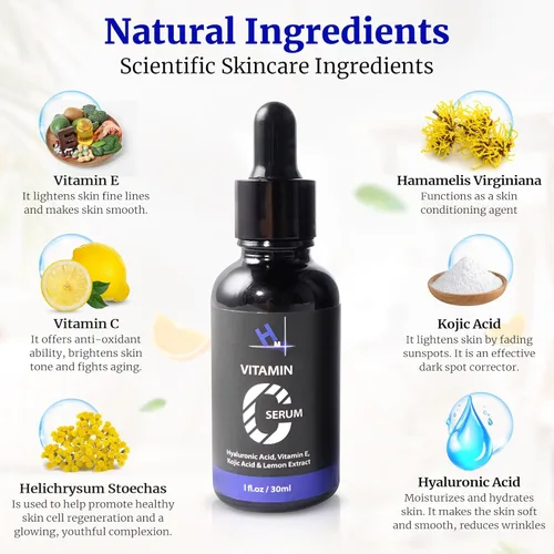 Vista 2 de Suero de vitamina C HM con ácido hialurónico, vitamina E y 1 por ciento de ácido kójico, antienvejecimiento e iluminador, reduce las arrugas