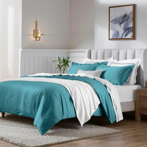 Vista 11 de Set de fundas para cobertor de 2 unidades, tamaño twin, una sola capa, sólido, de grapa larga de algodón peinado., Celeste (Baby Blue), Full/ Queen
