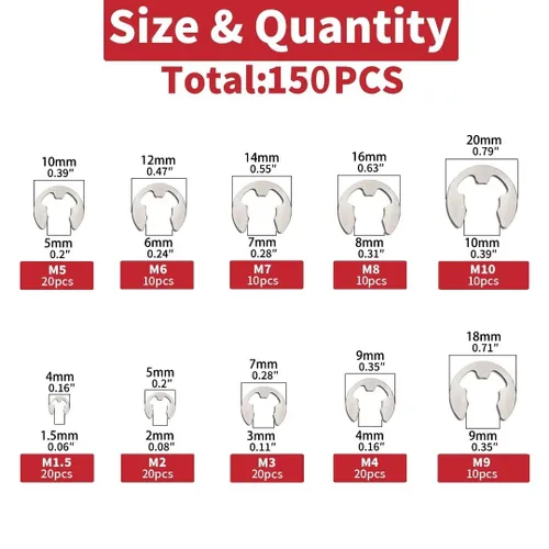 Vista 2 de Juego de anillos de retención externos E-Clip de 150 piezas, anillos de retención Snap de acero inoxidable 304, kit de C-Clip, 10 tamaños SAE