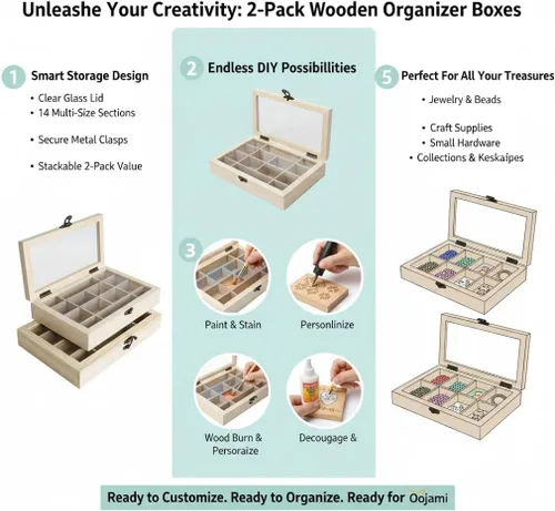 Vista 6 de Paquete de 2 cajas organizadoras de joyas de madera sin terminar con tapa de vidrio, 14 compartimentos para cuentas y estuche de almacenamiento