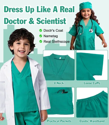 Disfraz de médico para niños con estetoscopio real, disfraz de Halloween para niñas y niños, vestido de médico, 9 piezas