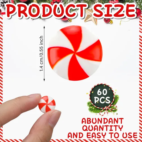 Vista 2 de Giegxin 60 bastones de caramelo de Navidad para manualidades, decoración de dulces falsos de plástico, mini adornos de menta arcoíris, figuras