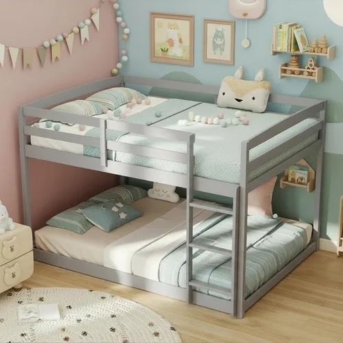 Vista 16 de KOMFOTT Litera de Madera Gemela sobre Gemela, Litera con Escalera y Barandilla de Seguridad, Marco de Cama de Madera Sólida, Ideal para Dormitorio