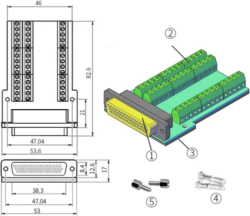 Vista 3 de DB44 Adaptadores seriales hembra RS232 sin soldadura, HDB44 hembra D-SUB a 44Pin 3Row bloque de terminales Breakout Board para equipos mecánicos