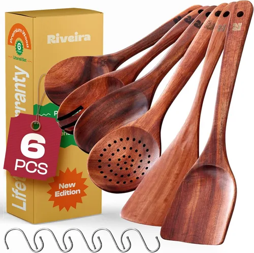 Vista 10 de Riveira Juego de 6 Utensilios de Cocina de Madera de Bambú Marrón de Calidad Premium, No Tóxicos, Resistentes al Calor, Cucharas y Espátula
