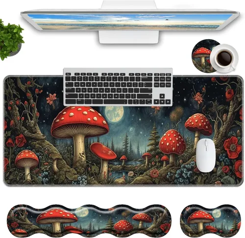 Vista 12 de Juego de alfombrillas de mouse para teclado, alfombrilla grande para mouse + reposamuñecas para teclado, soporte de muñeca + portavasos, alfombrilla