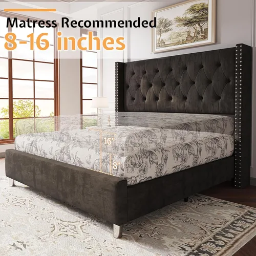 Vista 15 de Jocisland Base de cama tapizada de terciopelo tamaño King, con plataforma capitoné de perfil bajo, cabecera con alas elevadas, soporte de listones