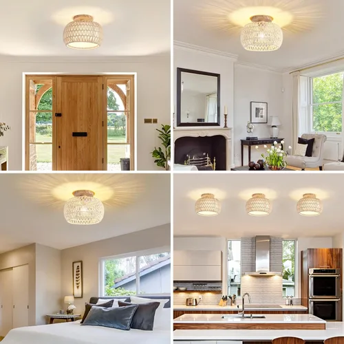 Vista 4 de Lámpara de techo de ratán bohemio, 3 opciones de estilo, luces de techo de mimbre semiempotradas, accesorios de luz costera beige, candelabro