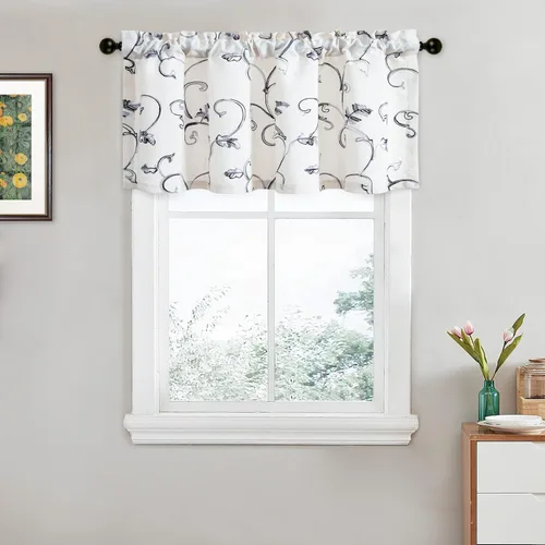 Vista 46 de VOGOL - Cenefa de cocina bordada con flores para ventanas, cenefa decorativa con filtro de luz para baño, cortinas con bolsillo para varilla corta