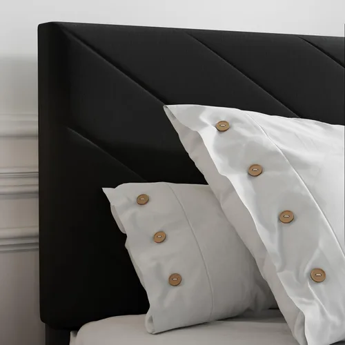 Vista 4 de Cama de plataforma tapizada de tamaño matrimonial, base de cama matrimonial con cabecera copetuda, marco resistente y listones de madera