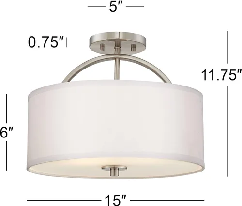 Vista 4 de Possini Euro Design Halsted - Moderna lámpara de techo semiempotrada de 15 pulgadas de ancho, níquel cepillado plateado y blanco, pantalla de tambor