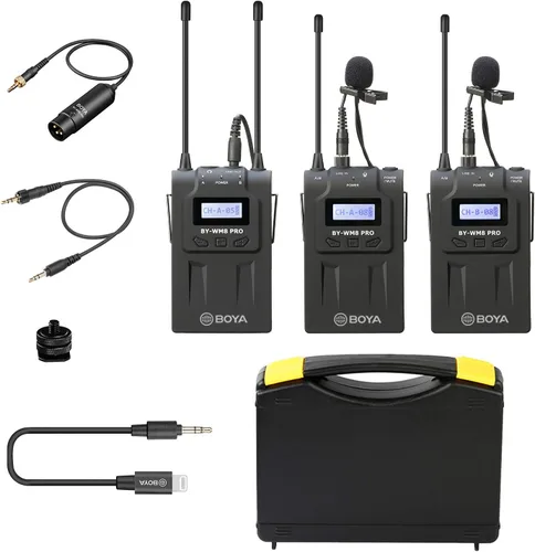 Vista 9 de Sistema de micrófono inalámbrico Lavalier para iPhone 11 8 x 7 6 Cámara, BOYA de doble canal 2 transmisor y 1 receptor para DSLR grabadora Samsung