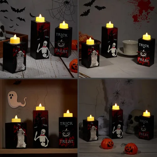 Vista 7 de BlcTec Decoraciones de Halloween, 3 portavelas de madera de Halloween con velas de té LED y artesanía de tallado 3D, centros de mesa de madera Negro