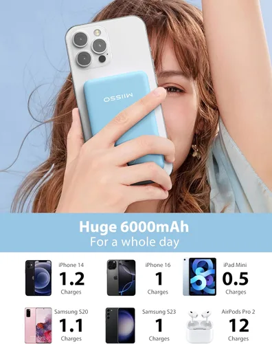 Vista 3 de Banco de energía ultra delgado de 6000 mAh, batería externa de 3 salidas compatible con iPhone, tamaño de tarjeta, cables USB C integrados, cargador