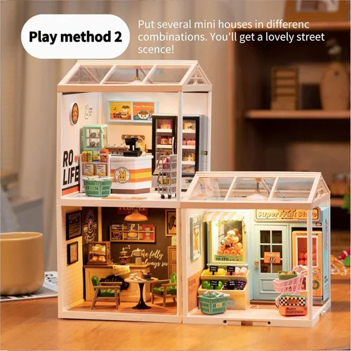 Vista 5 de Rolife Juego de construcción de casas de plástico juguete casa de muñecas en miniatura DIY set de juego con LED para mini figuras, juguetes