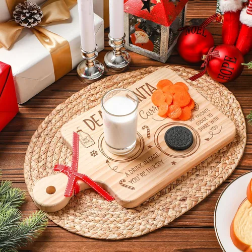 Vista 3 de Sliner Plato de madera para galletas de Papá Noel, plato de galletas de Navidad, bandeja de golosinas de Papá Noel, regalo infantil para leche