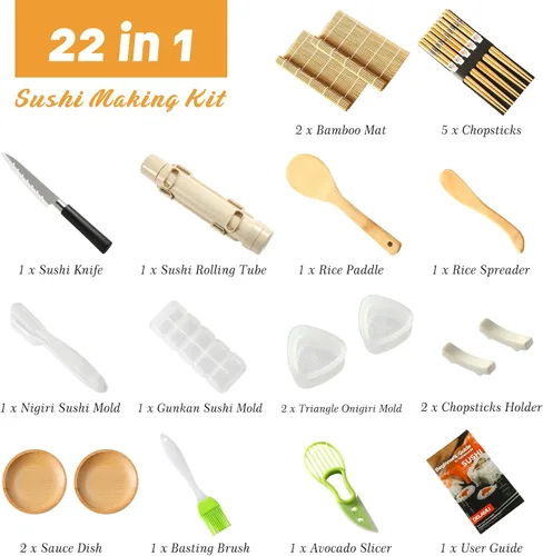 Vista 2 de Delamu Kit de fabricación de sushi, kit de rodillo de bazooker 22 en 1 con alfombrillas de bambú, cuchillo de chef, molde de arroz para sushi