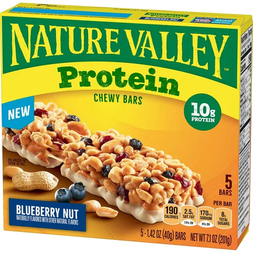 Nature Valley Barras de granola con proteína, arándano y nueces, barras de merienda masticables, 5 barras, 7.1 OZ