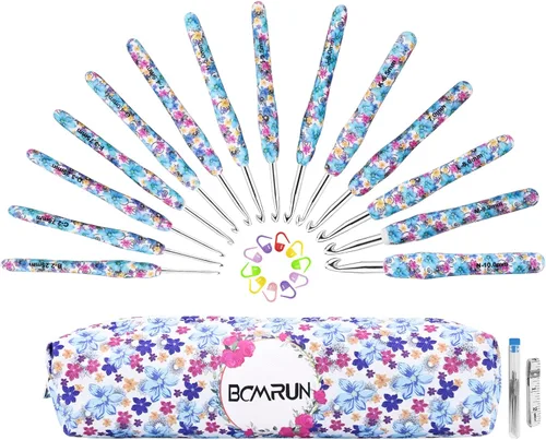 Vista 9 de Juego de ganchos de ganchillo BCMRUN con funda de 14 tamaños, patrón de porcelana azul y blanco para manos con artritis, agujas de ganchillo