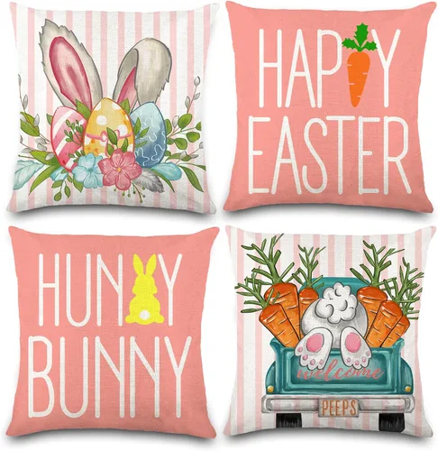 Vista 9 de DIYDEC - 4 fundas de almohada de Navidad de 18 x 18 pulgadas, fundas de almohada de invierno con diseño de árbol de Navidad, sombrero de árbol