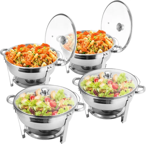 Juego de Platos de Roce para Buffet BriSunshine de 4 Paquetes, Platos de Roce Redondos de Acero Inoxidable de 5 QT con Tapa de Vidrio y Soporte para