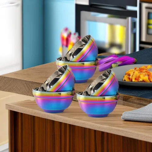 Vista 7 de Juego de cuencos arcoíris de 14 onzas con 4 cuencos de sopa y 4 cucharas de sopa, cuencos de cereales de doble pared de acero inoxidable 304