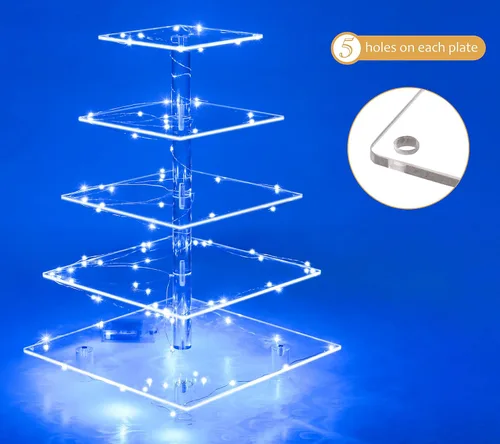 Vista 2 de Jusalpha Soporte cuadrado de 5 niveles para cupcakes con luz, soporte para cupcakes de alta calidad, bandeja para servir, torre acrílica