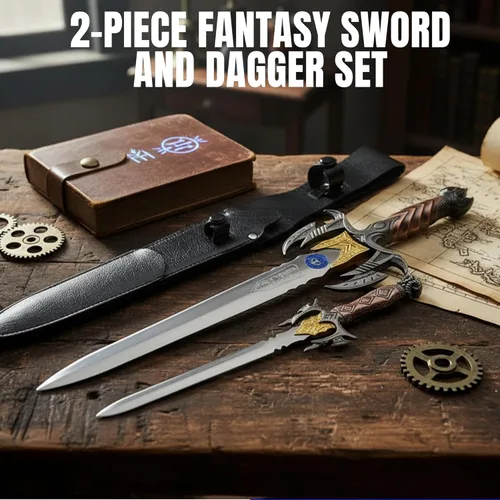 Vista 3 de SZCO Juego de 2 piezas de espada y daga de fantasía, espada de acero inoxidable de 16.5 pulgadas y daga de 10 pulgadas con funda, mango de metal