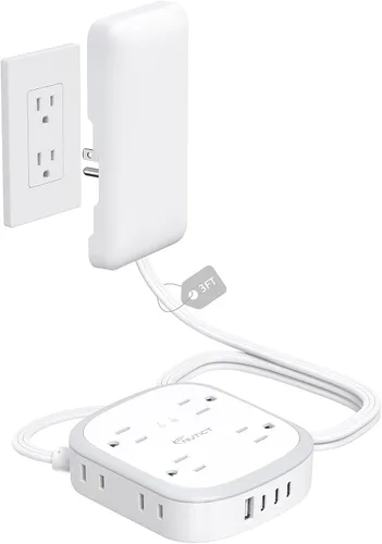 Vista 9 de Cable de extensión con cubierta de toma corta de 3 pies, NUTICT tira de alimentación de enchufe plano con 8 tomas y 3 puertos USB-C y 1 puerto